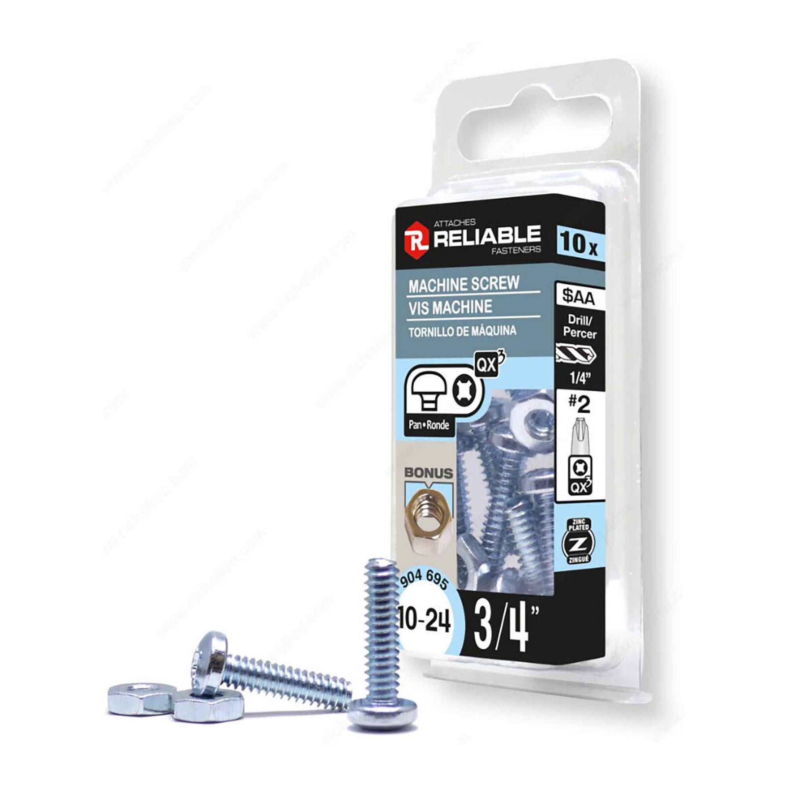 Vis machine à tête ronde avec écrou zinguée à entrainement Quadrex, 10-24 x 3/4" (10 unités)