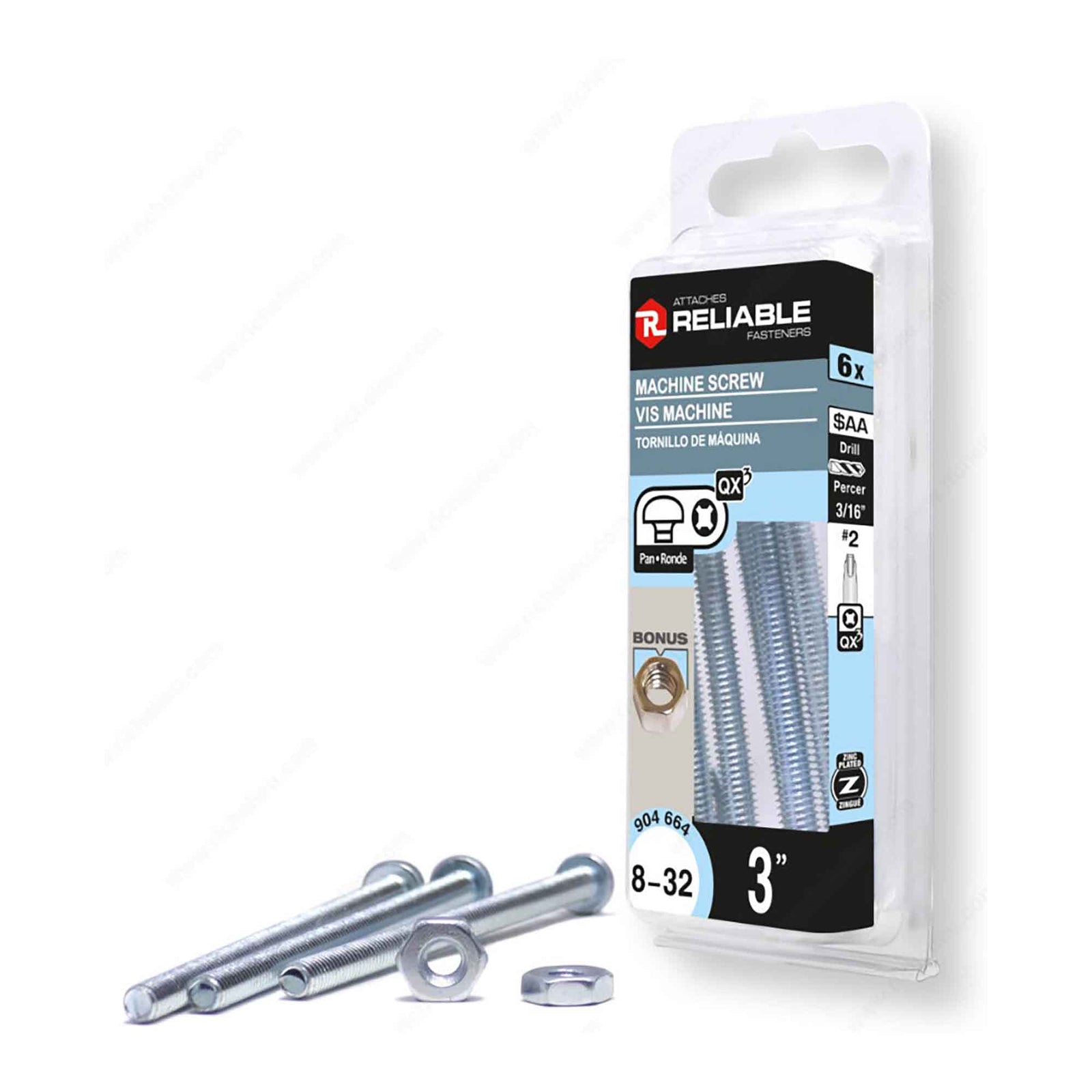 Vis machine à tête ronde avec écrou zinguée à entrainement Quadrex, 8-32 x 3" (6 unités)