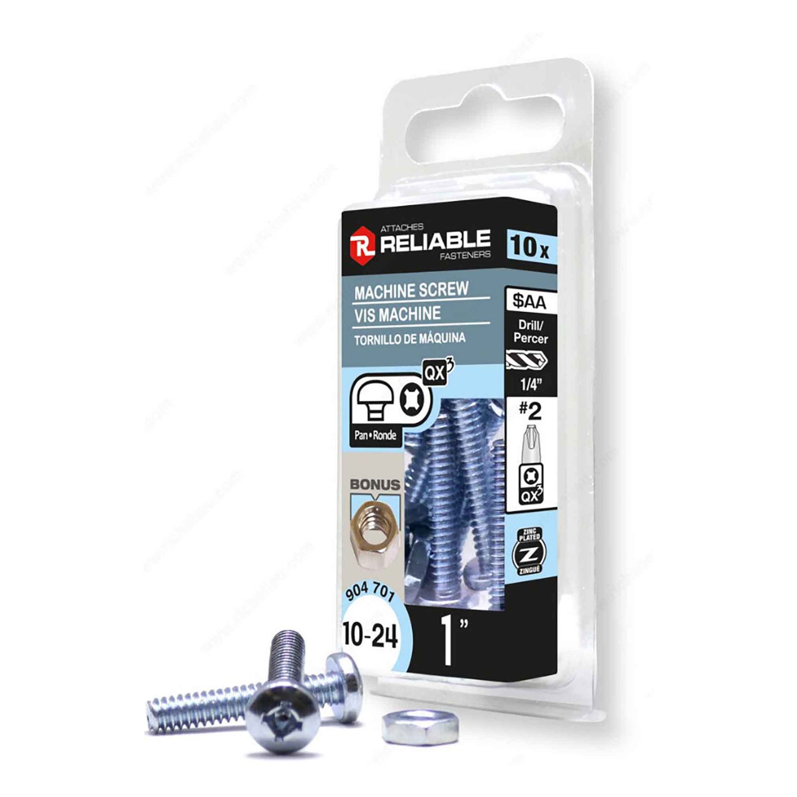 Vis machine à tête ronde avec écrou zinguée à entrainement Quadrex, 10-24 x 1" (10 unités)