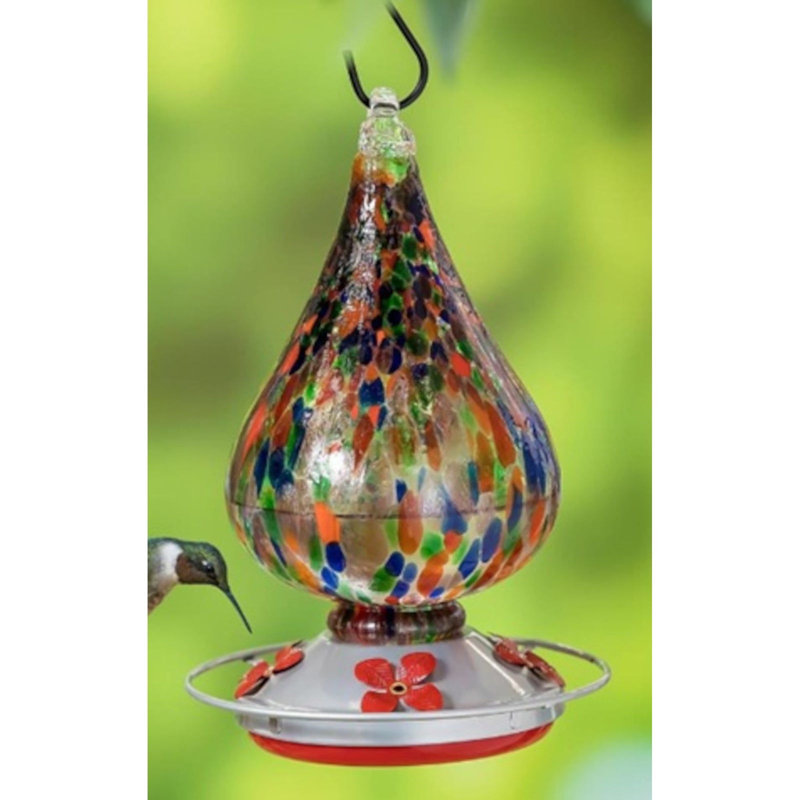 Mangeoire à oiseaux Garden of Wonder, mangeoire à colibris en verre artistique moucheté multicolore avec nacelle en bronze