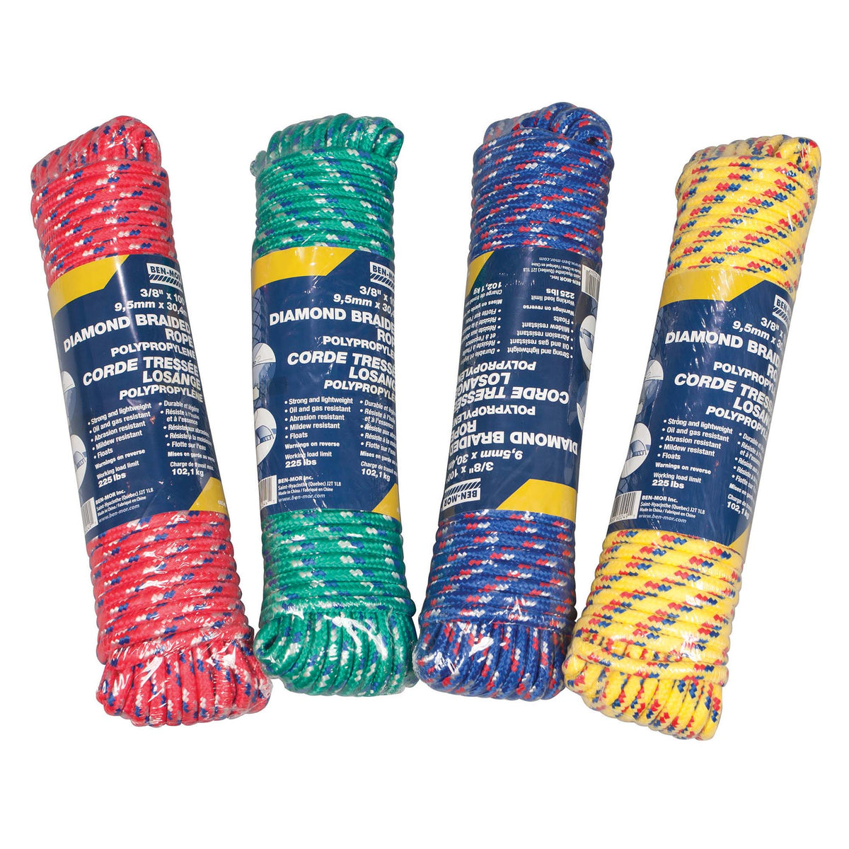 Corde de polypropylène tressée en losange de 3/8&#39;&#39;, couleurs assorties - 100&#39;