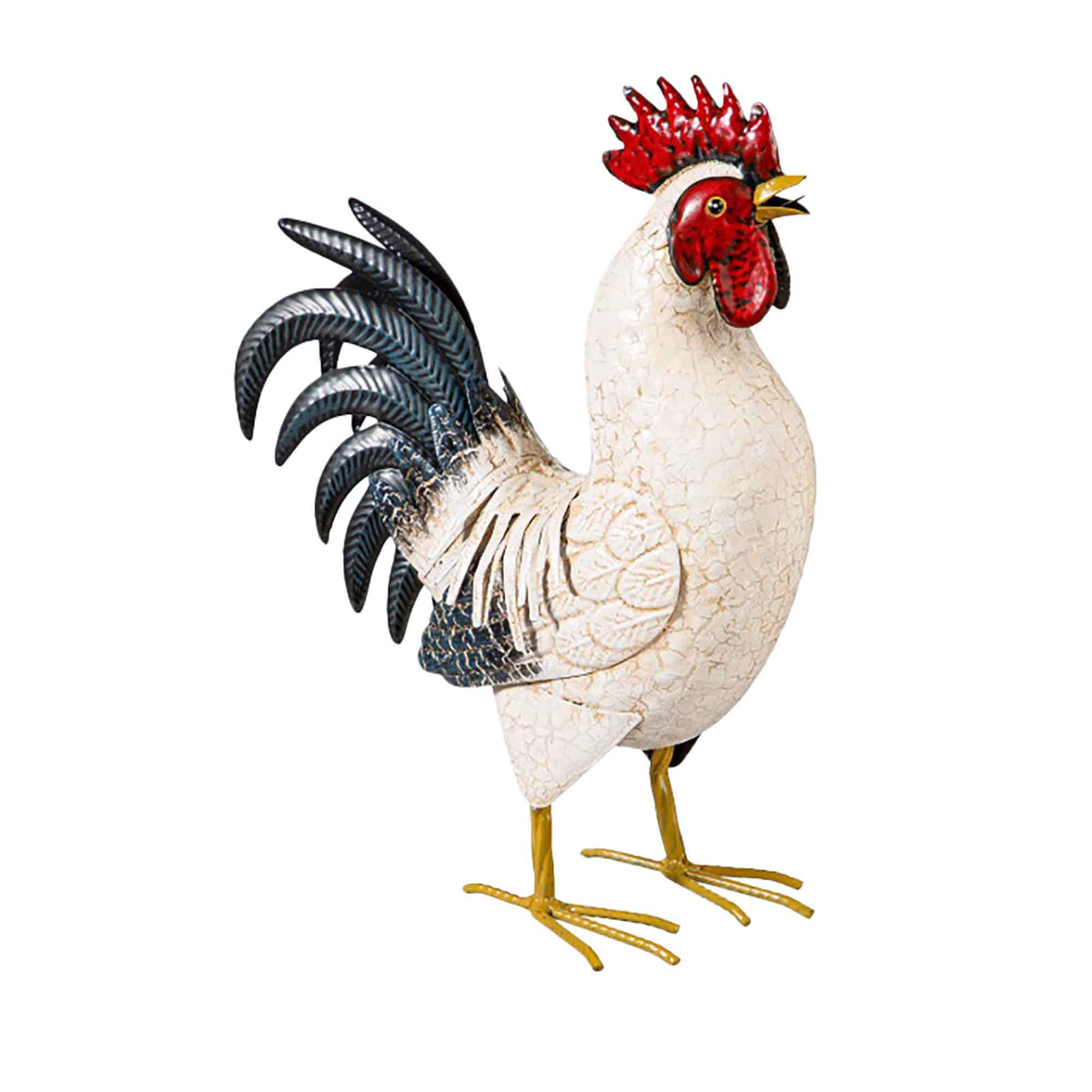 Statuette de coq en métal avec plumes claires, 14"