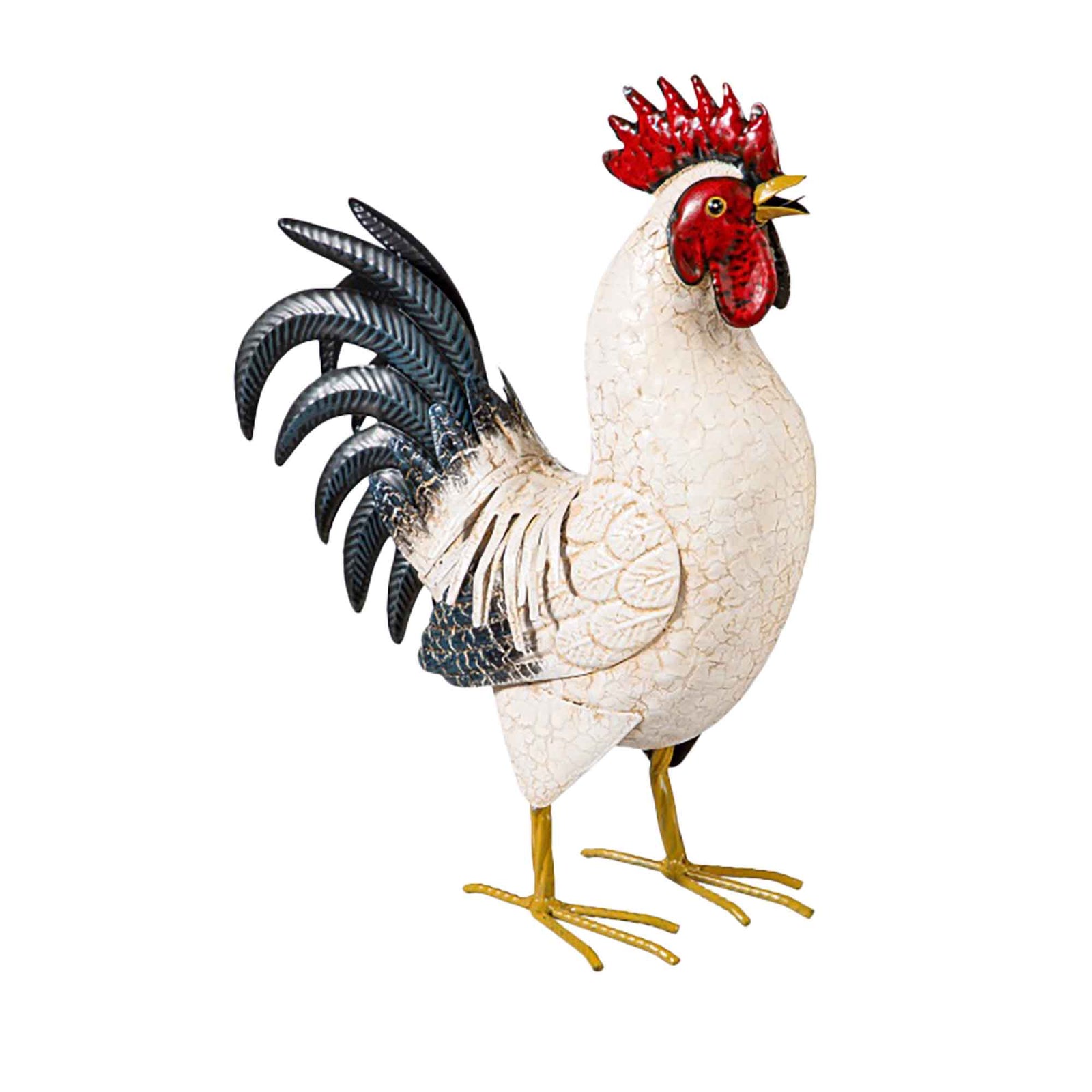 Statuette de coq en métal avec plumes claires, 14"