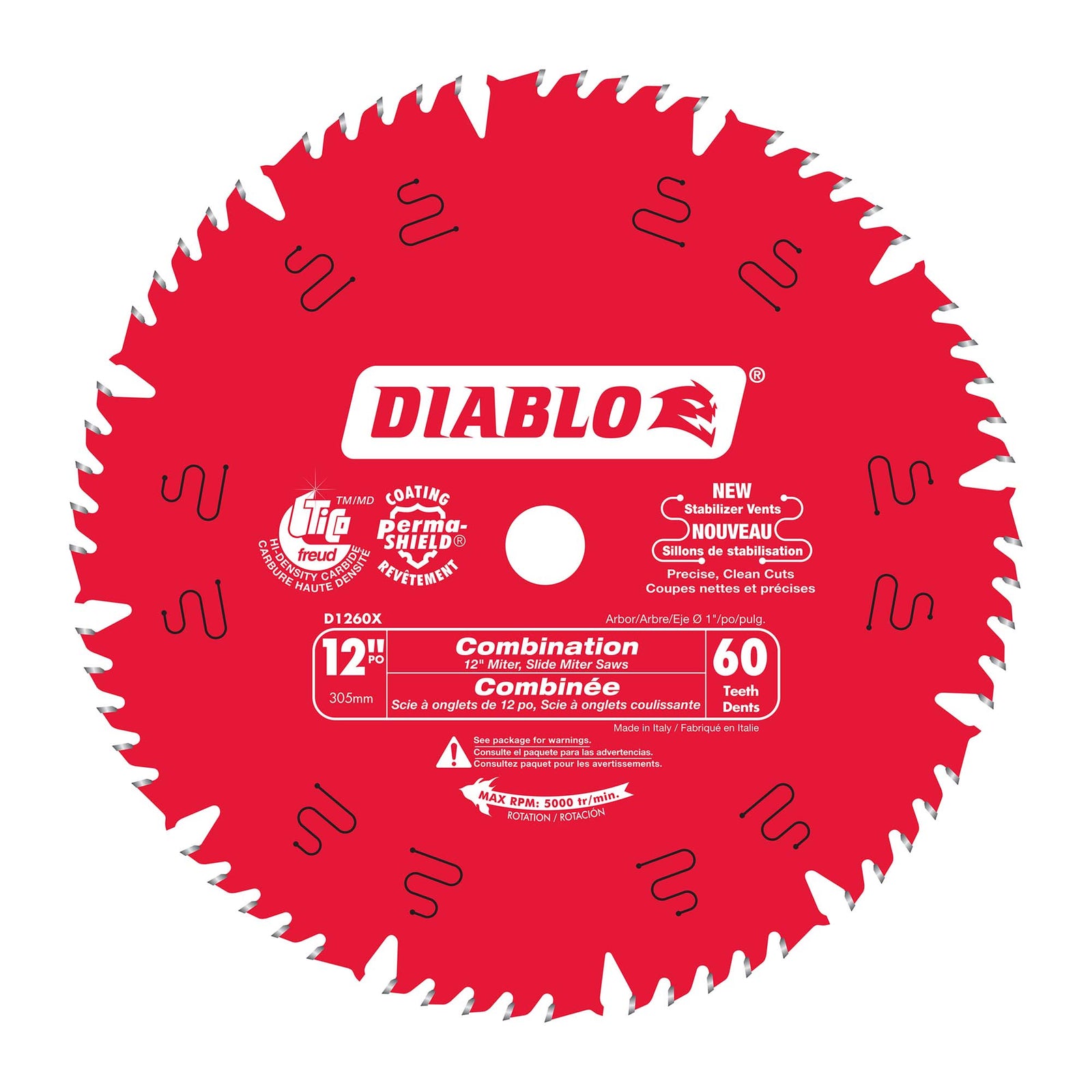 Lame circulaire combinée Diablo de 12" à 60 dents, tige de 1"