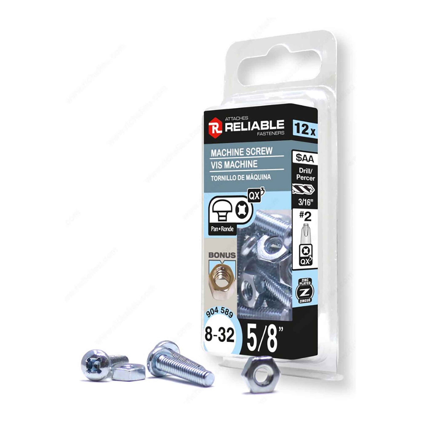 Vis machine à tête ronde avec écrou zinguée à entrainement Quadrex, 8-32 x 5/8" (12 unités)