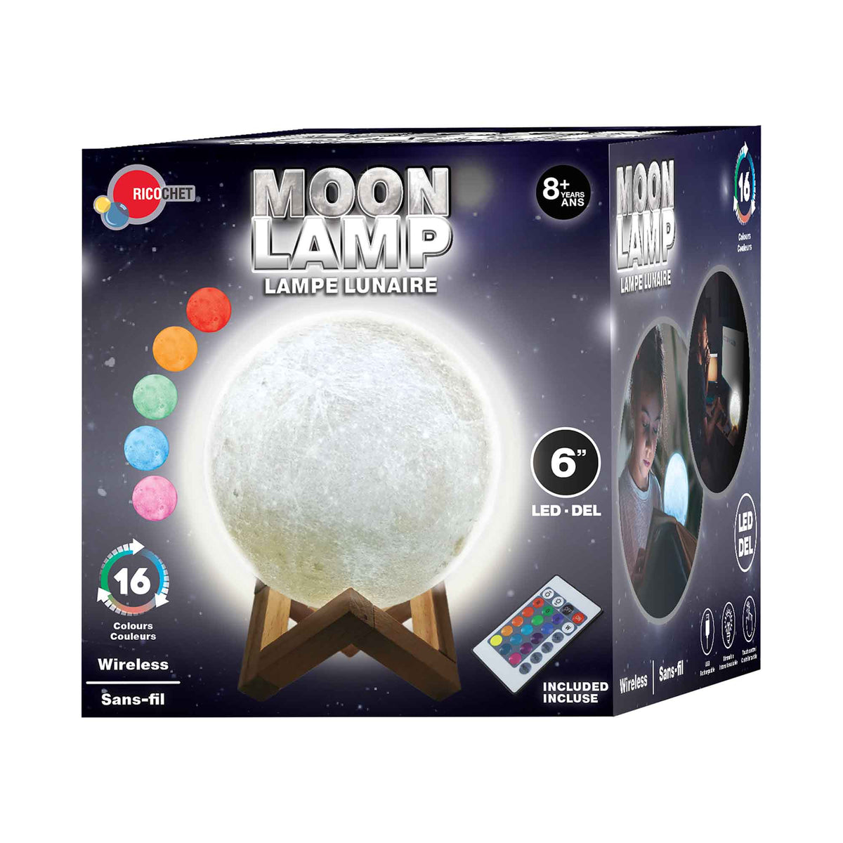 Lampe lunaire rechargeable à éclairage DEL avec 16 choix de couleurs, 6''