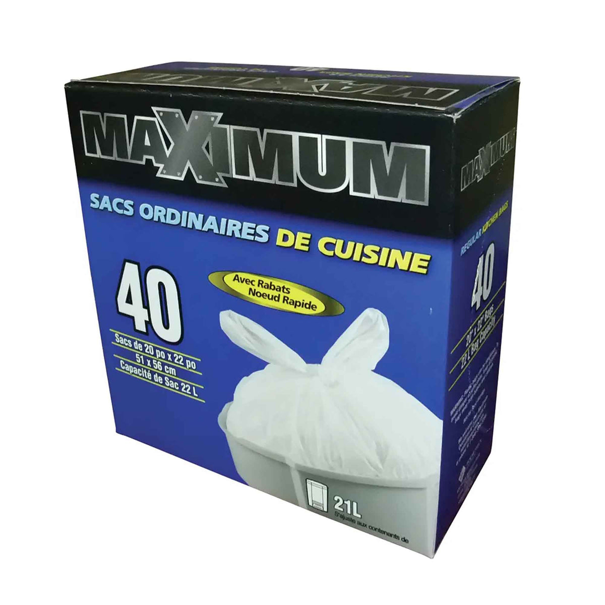 Sacs ordinaires à poubelle de cuisine, 20" x 22" (40 unités)