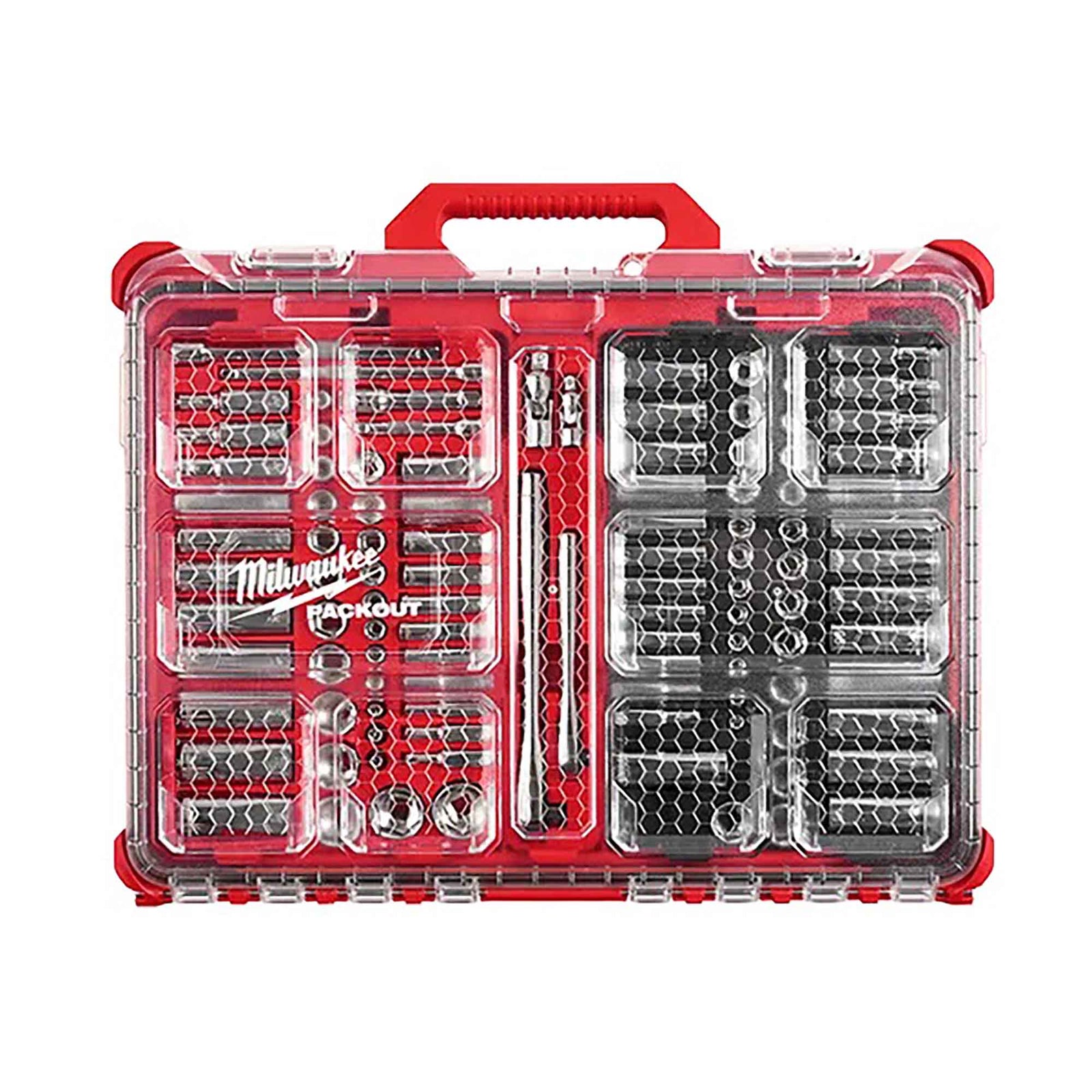 Jeu de clés à cliquet et de douilles de 106 morceaux à prise de 1/4'' et à prise de 3/8'' avec organisateur à profil bas PACKOUT, SAE et métrique