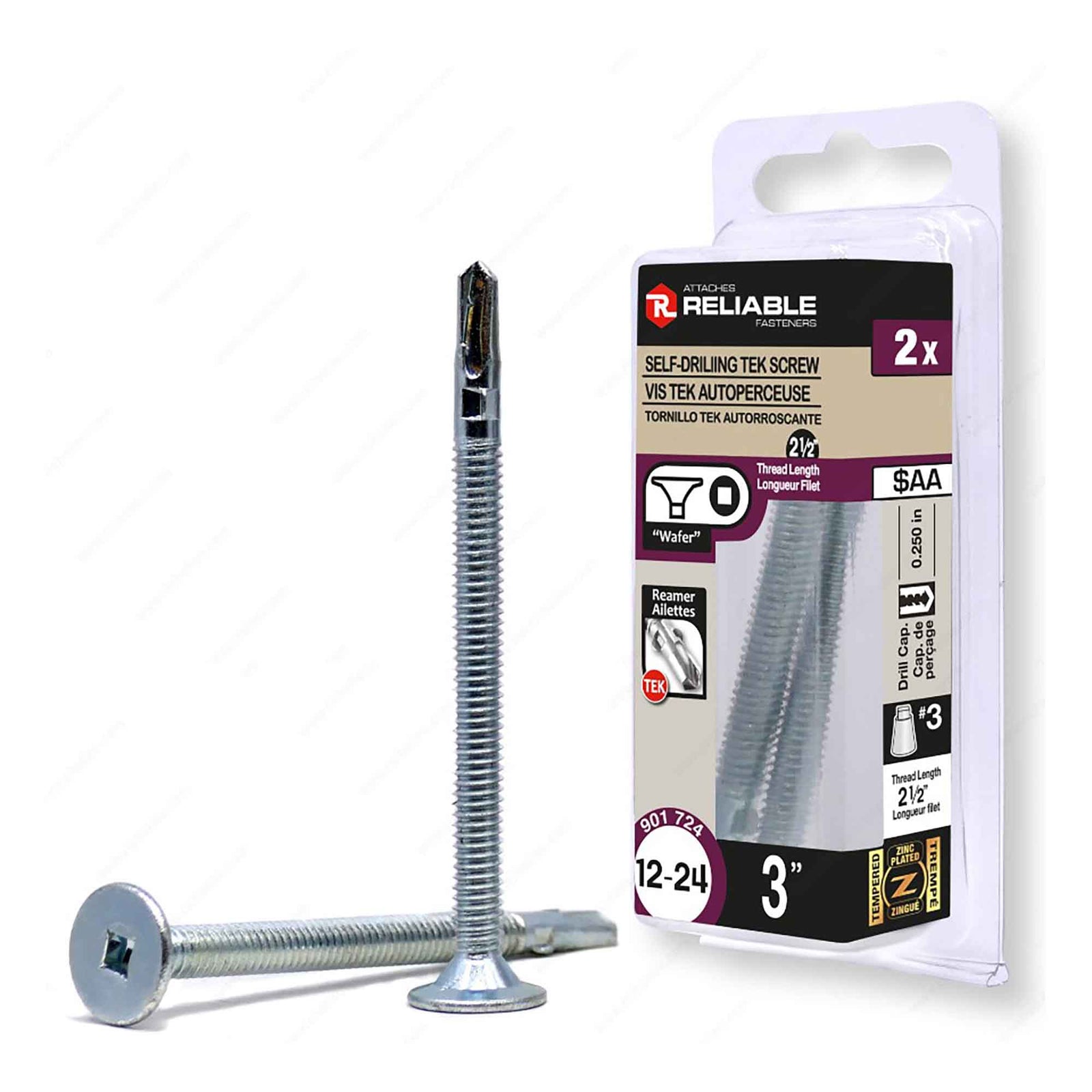 Vis à métal autotaraudeuse zinguée à tête plate et large avec pointe autoperceuse tête à ailettes, 12-24 x 3" (2 unités) 