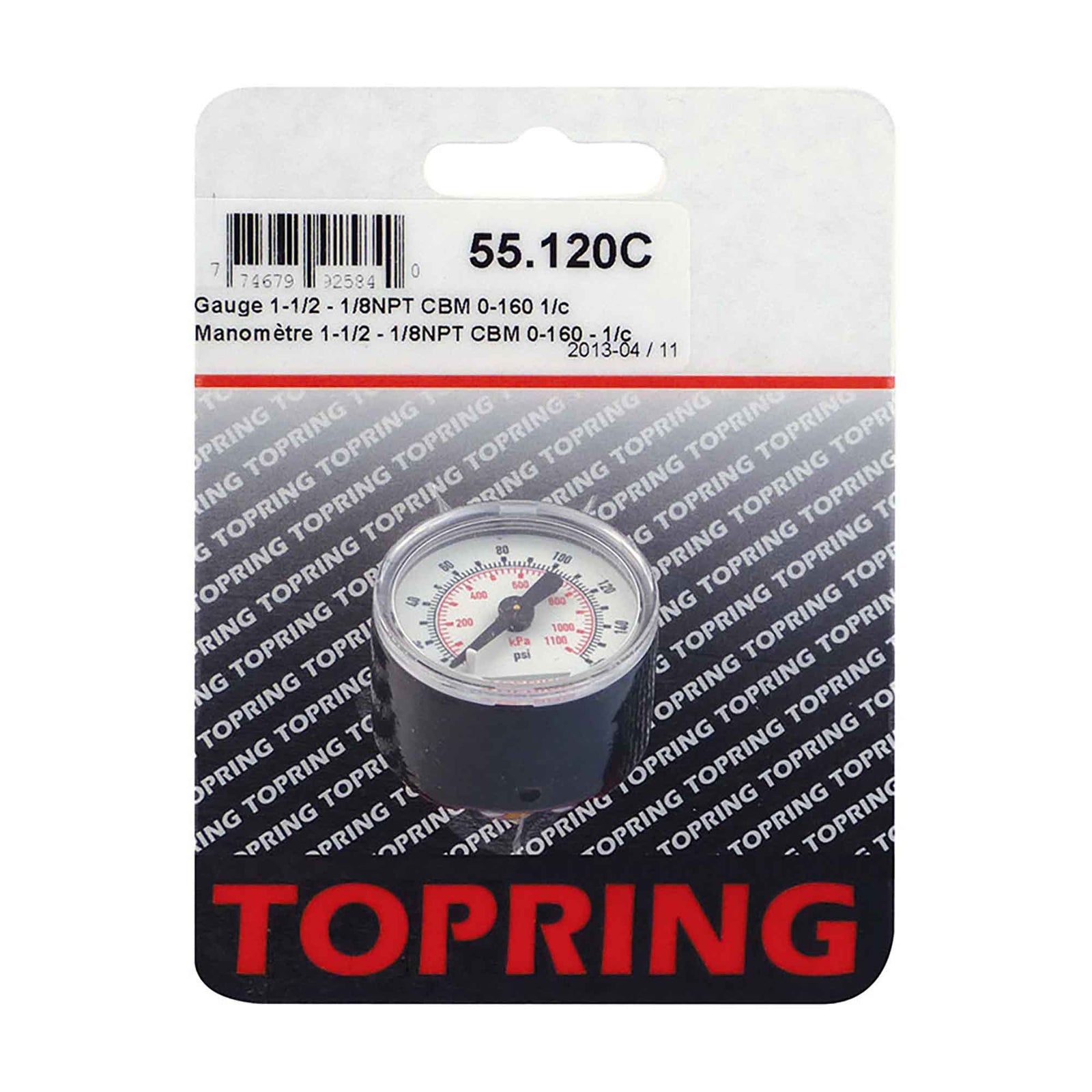 Manomètre de 1-1/2" pour air comprimé, 1/8 NPT