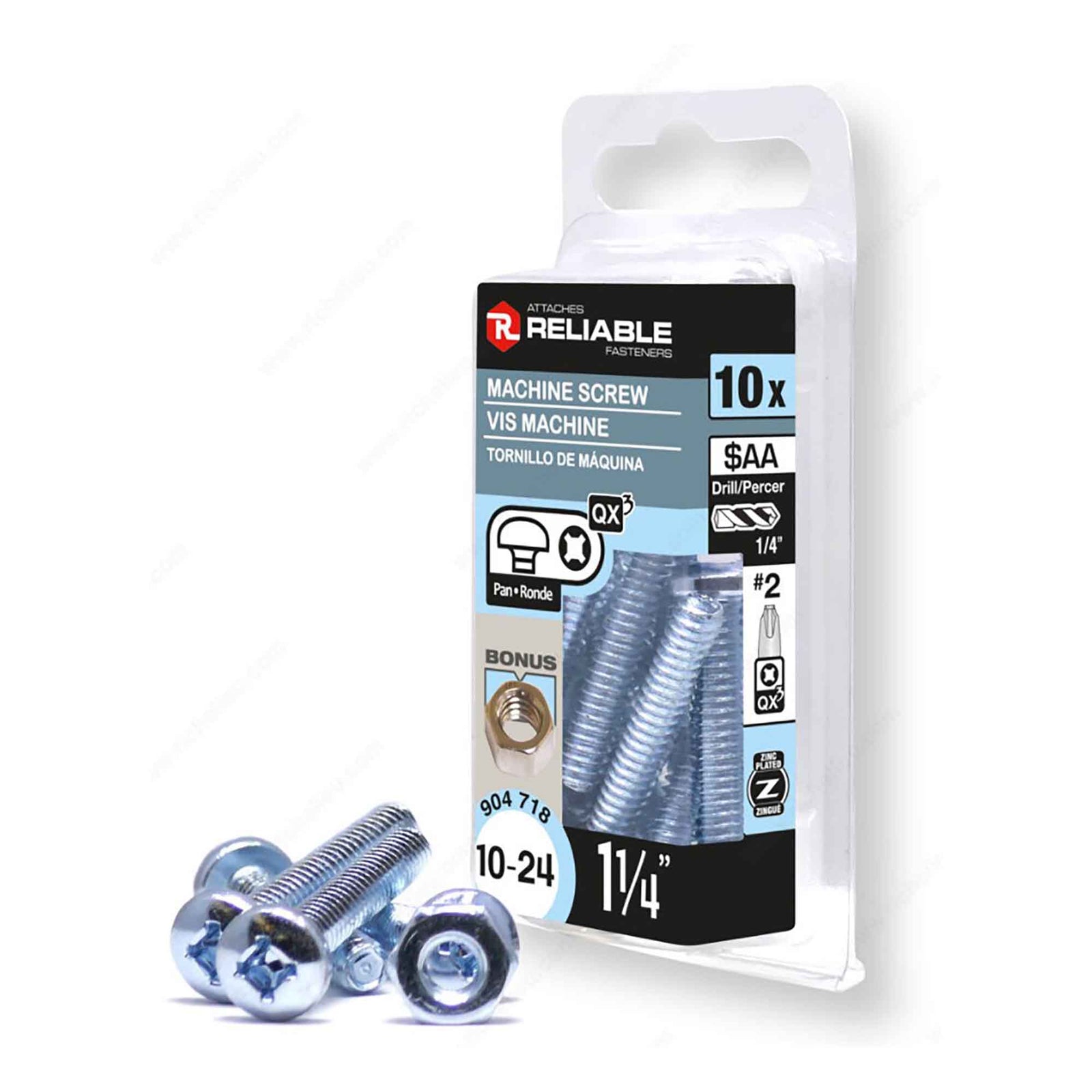 Vis machine à tête ronde avec écrou zinguée à entrainement Quadrex, 10-24 x 1-1/4" (10 unités)