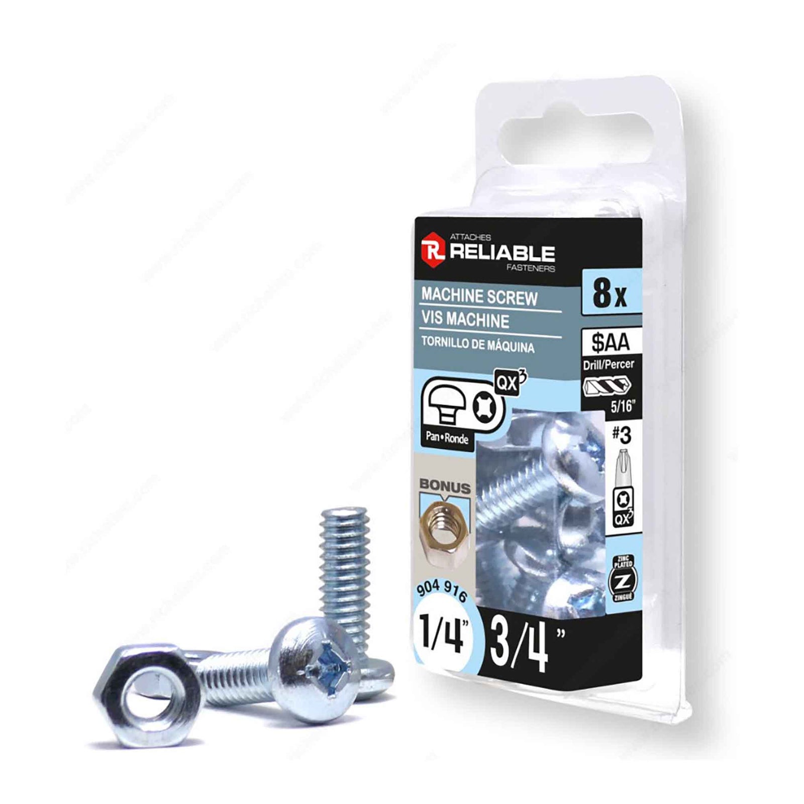 Vis machine à tête ronde avec écrou zinguée à entrainement Quadrex, 1/4" x 3/4" (8 unités)